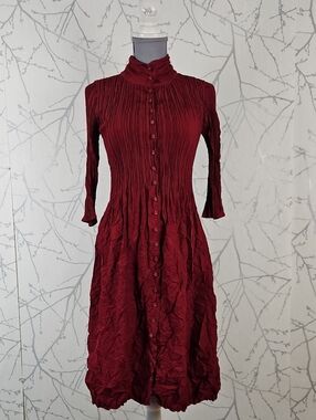 Alquema Ruby Red Crinkle Stretch Nehru Coat Dress